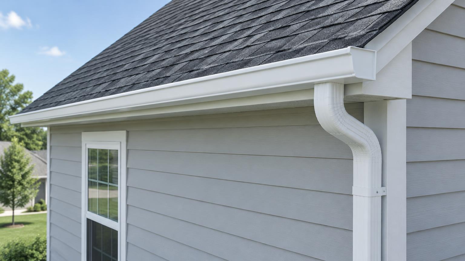 Illustrative seamless gutter and downspout at a roof edge, not a Kan Exteriors installation photo