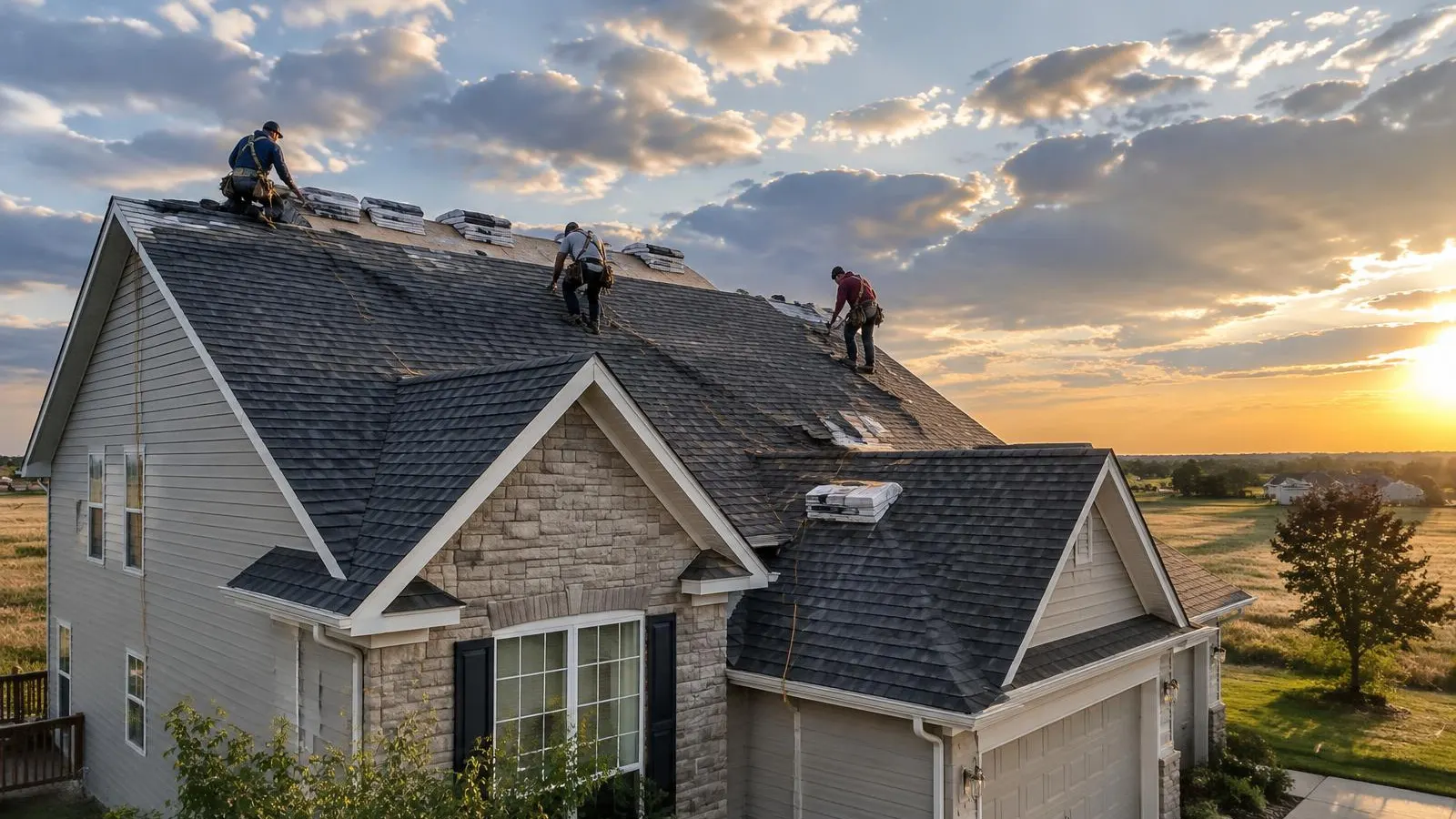 Illustrative roofing crew laying asphalt shingles, not a Kan Exteriors project photo